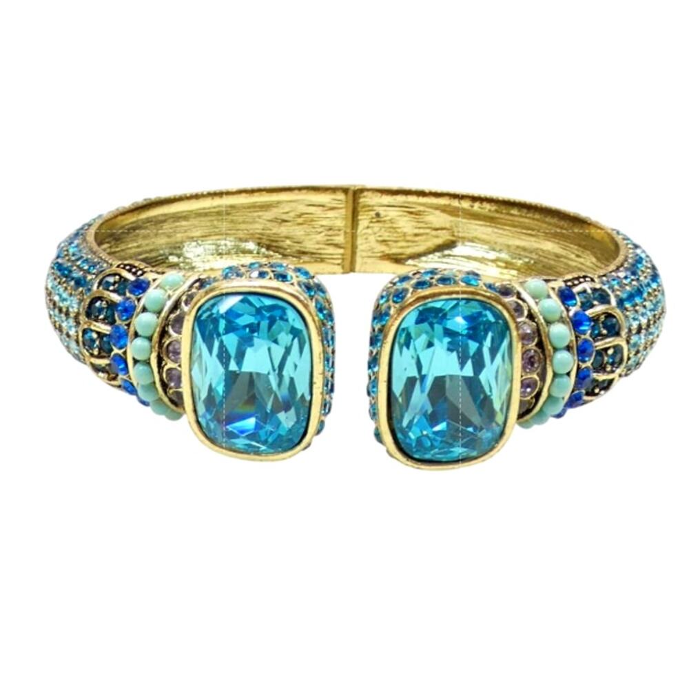 Heidi Daus Blue Crystal Rhinestone Gold Tone Hinged Bangle Bracelet  M-L 7.5in